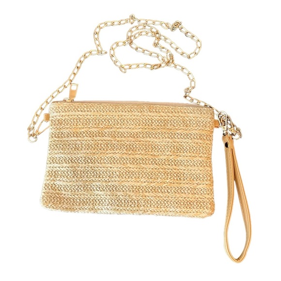 Handbags - Woven Tan Goldish Crossbody Wristlet Bag Purse W/Gold Crossbody Link Chain